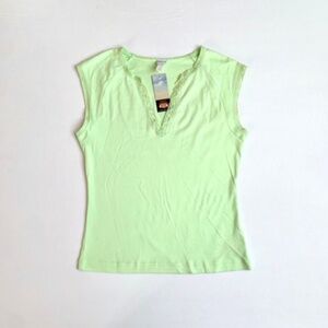 2000s Y2K Green Lace Trim Cap Sleeve Fairy Grunge Cyber Goth Tee 100% Cotton M